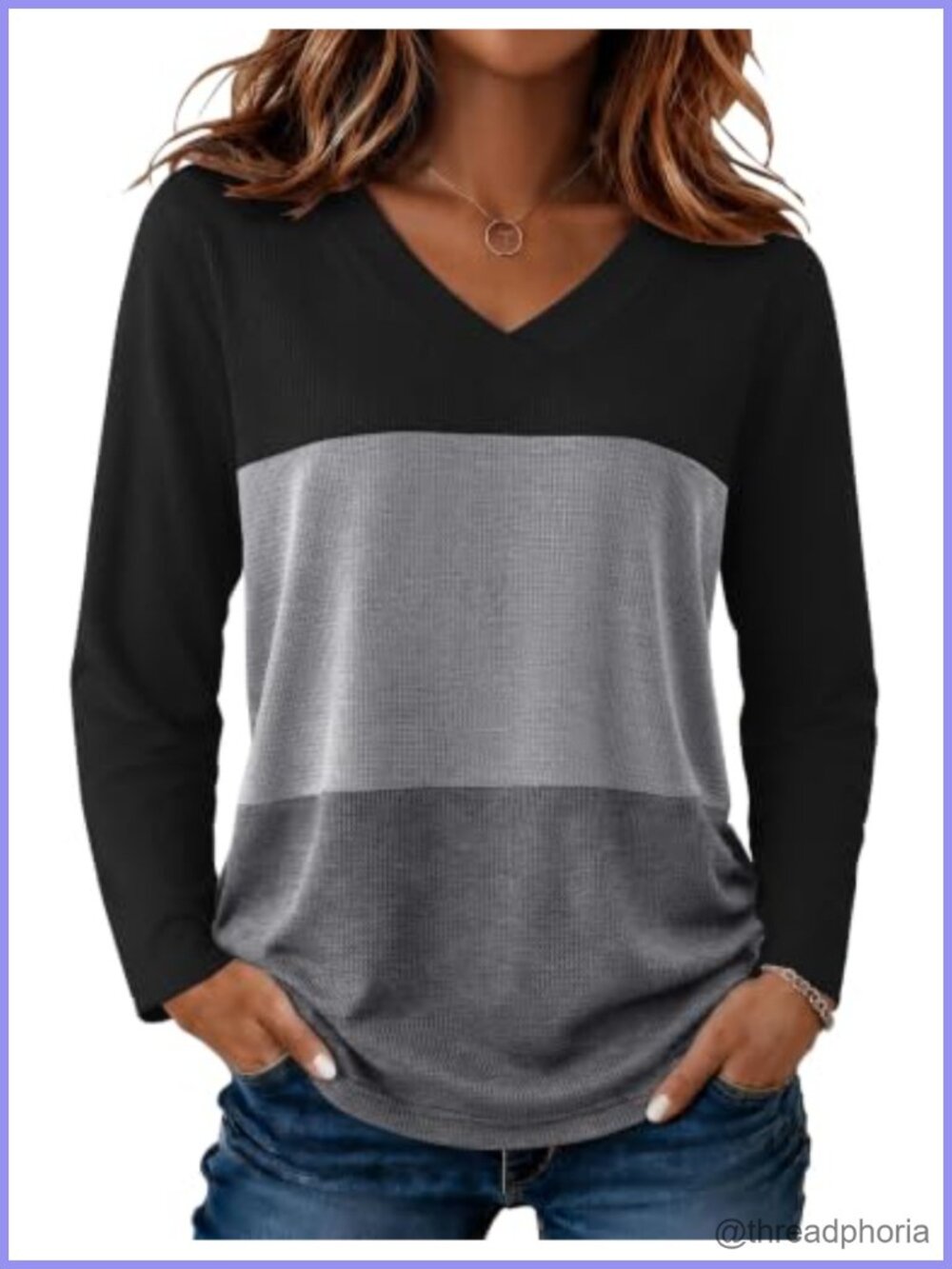 Waffle Knit Long Sleeve V Neck Loose Fit Tunic Top for Leggings
